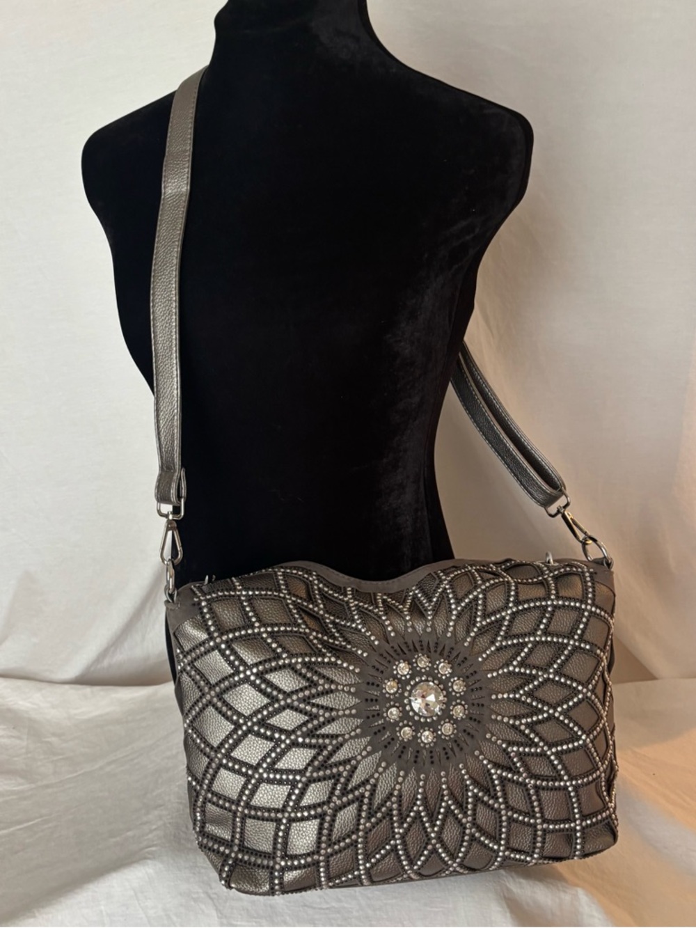 Studded Mandala Crossbody Bag Grey Boho Western Festival Rhinestone Statement - Picture 1 of 9